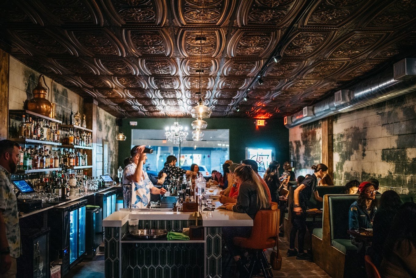 inside the bar with ornamental ceiling and alcohol